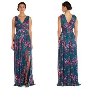 Nightway Floral Pleated Maxi Long Gown Dress Slit Teal Pink Size 6 Wedding Guest